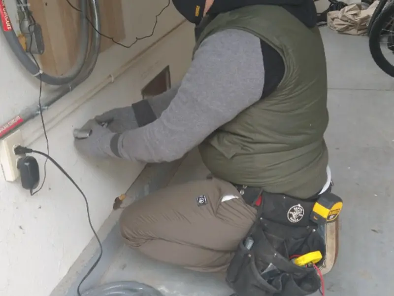 Electrician performing outlet wiring in a Skokie garage
